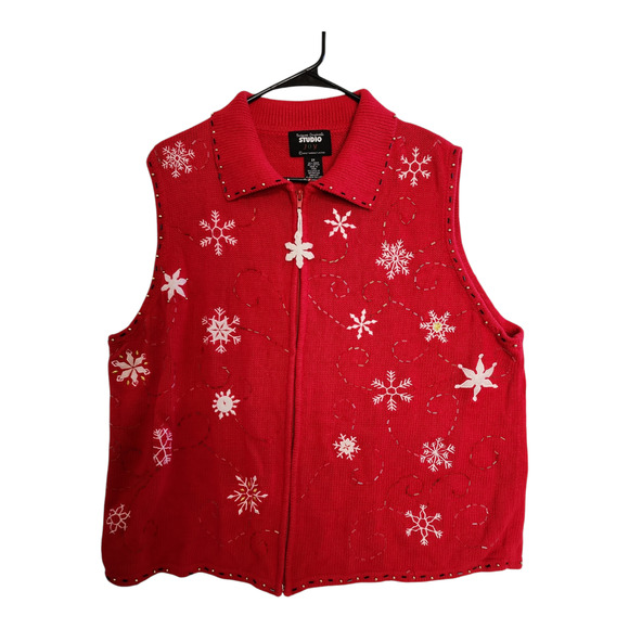 Ugly Christmas Sweater Sweaters - UGly Christmas sweater vest knit top zip up Red Gold beaded snowflake VTG SZ 2X